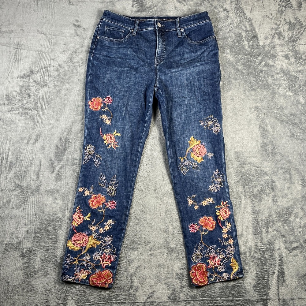 Chico's So Slimming Girlfriend Ankle Jeans Womens 8R Blue Floral Denim Slim Leg